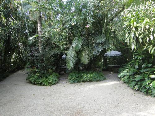 a garden with a table and chairs and trees at Pousada do Oasis in Morretes