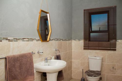a bathroom with a sink and a toilet and a mirror at Arecavilla guesthouse in Newcastle