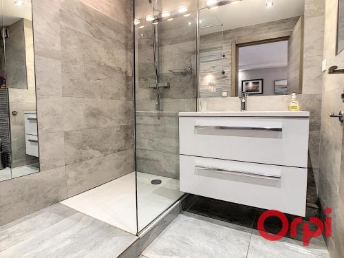 une salle de bain avec un lavabo et une douche dans l'établissement Appartement de standing trois chambres, centre ville, à Sainte-Maxime