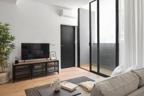 a living room with a couch and a tv at Aveiro Urban Twins in Aveiro