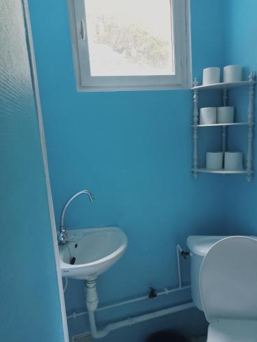 uma casa de banho azul com um lavatório e um WC em appartement Eaux Bonnes em Eaux-Bonnes