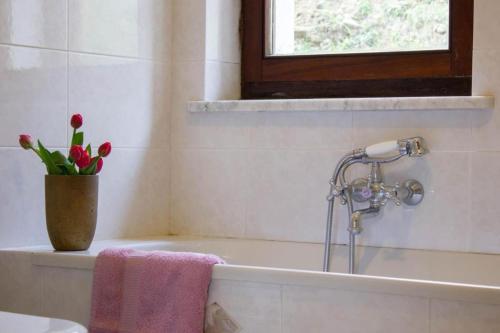 Villa gli Ulivi - Fivizzano في فيفيزانو: حمام مع حوض استحمام مع إناء من الزهور