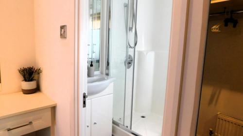 a bathroom with a shower and a sink at The Lodge, Alder Country Park in North Walsham