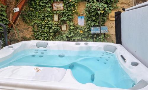 eine Whirlpool-Badewanne vor einem Gebäude in der Unterkunft Wellness-Ferienhaus Maifelder Uhlenhorst in Gappenach
