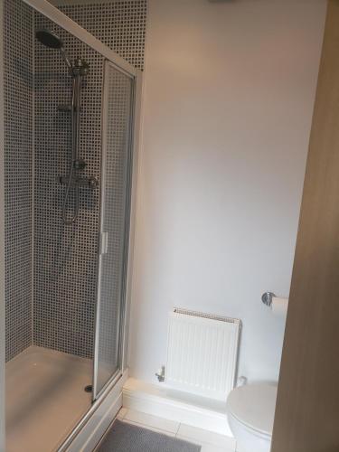 a bathroom with a shower and a toilet at Whispering heights in Manchester