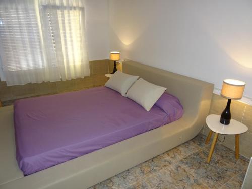 a bedroom with a bed with purple sheets and two lamps at La Casa del Campo de La Matanza 