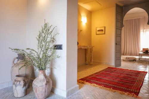 Domaine Des Remparts Hotel & Spa في مراكش: غرفة معيشة مع مزهرين وسجادة