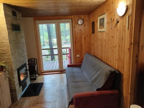 a living room with a couch and a fireplace at Dom w lesie nad rzeką z komnkiem in Mlądz