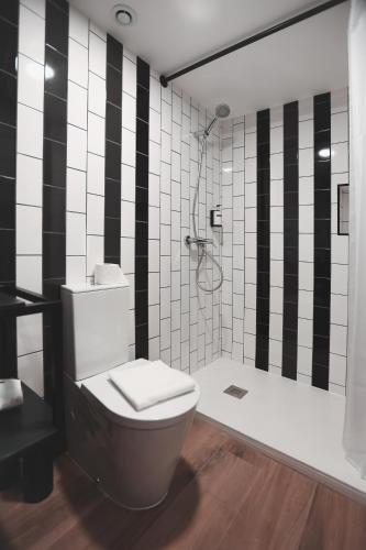 a bathroom with a toilet and a shower at Alma Candida 01 in Valença