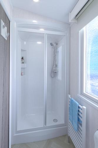 a bathroom with a shower with a glass door at The Malt Van - Beautiful, luxury static caravan in Aberlour