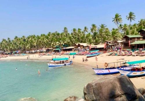 Blue Mirage Palolem Goa في محطة كاناكونا: شاطئ فيه قوارب والناس في الماء