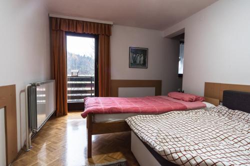 a bedroom with two beds and a window with a view at Apartment Satya in Dobrna