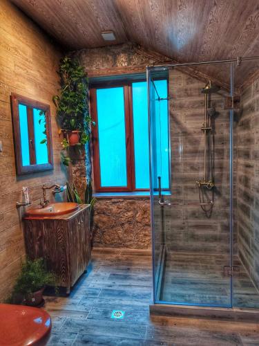 a bathroom with a glass shower and a sink at Getahovit Resort in Ijevan