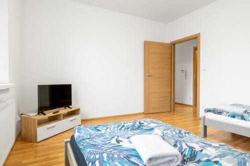 a bedroom with a bed and a flat screen tv at Apartmány Borská Plzeň in Plzeň