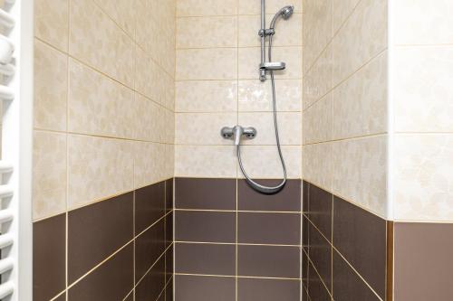 La salle de bains carrelée est pourvue d'une douche avec un tuyau. dans l'établissement Apartmány Borská Plzeň, à Plzeň