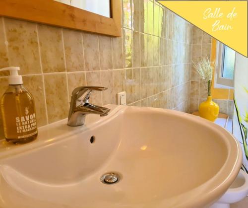 a bathroom sink with a bottle of soap on it at VILLA ANNEE 30 Rénovée ,Terrasse et Jardin in Souillac