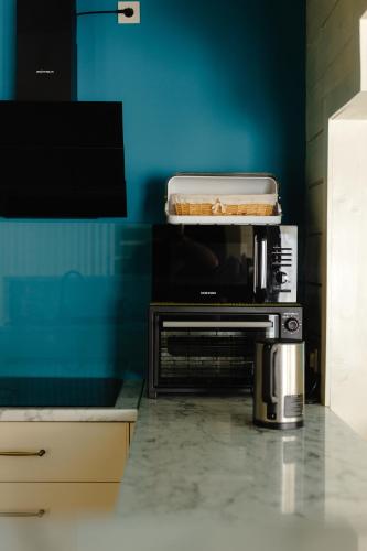 a kitchen with a microwave and a tv in a room at Вілла у горах in Krasnik