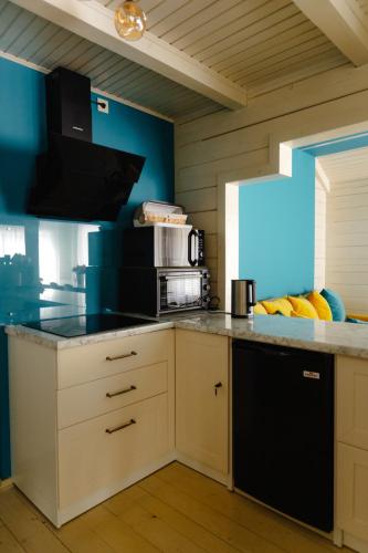 a kitchen with blue walls and a counter top at Вілла у горах in Krasnik