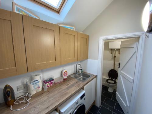 uma cozinha com armários de madeira e um lavatório em Beautiful country house in Inkpen em Inkpen