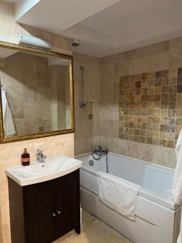 a bathroom with a tub and a sink and a bath tub at Copou Central Linden Suite in Iaşi