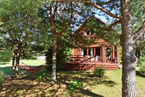 a hammock in front of a house with trees at Aerodream Trakai in Antakalnis