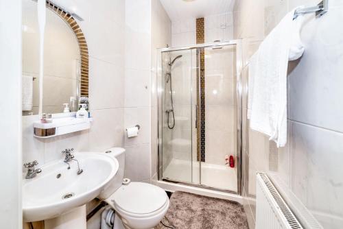 a bathroom with a toilet sink and a shower at Flat 4, 2 Victoria Street in Armagh