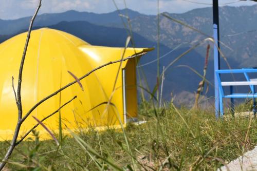 a yellow tent and a blue chair in the grass at LaCliff Nature Home in Dhanaulti
