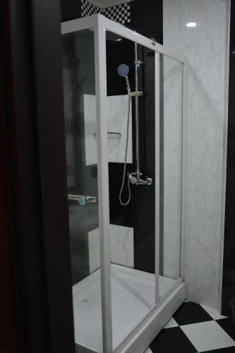 y baño con ducha y puerta de cristal. en EmeraldGold en Bakú