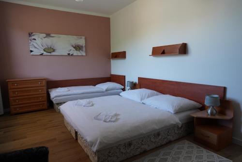 two beds in a hotel room with white pillows at Apartmany u Denyho in Zuberec