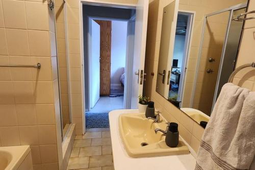 La salle de bains est pourvue d'un lavabo, d'une douche et d'un miroir. dans l'établissement Brenton on Lake home41, à Knysna