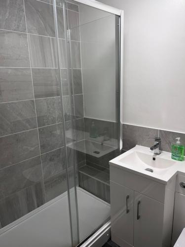 a bathroom with a shower and a sink at Genesis place in Basildon