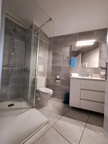 uma casa de banho com um chuveiro, um WC e um lavatório. em Hôtel L'Auberge Canaulaise em Lacanau-Océan