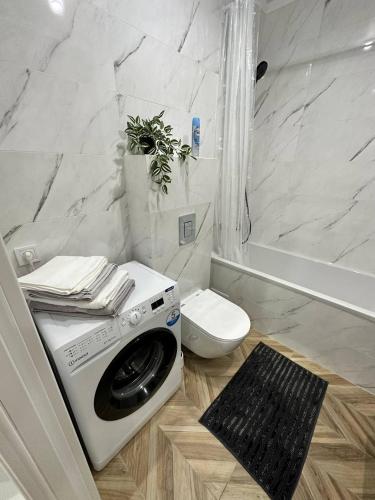 a washing machine in a bathroom with a toilet at Apartment 2, Podillya, новобудова in Vinnytsya