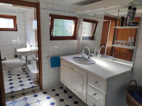 a bathroom with a sink and a toilet and a mirror at Petite maison alsacienne dans un village au calme in Niederroedern