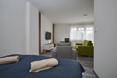 a bedroom with a bed and a living room at Central Apartments in Martin