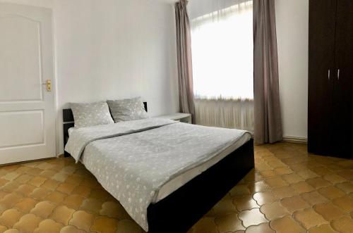 um quarto com uma cama e uma janela em Casa Sâncrai em Târgu-Mureş