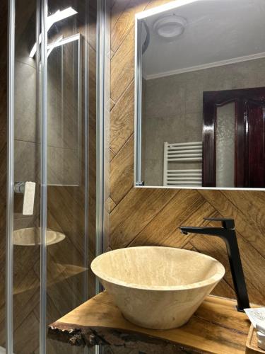 a bathroom with a bowl sink and a mirror at Pensiunea Ioana in Rugineşti
