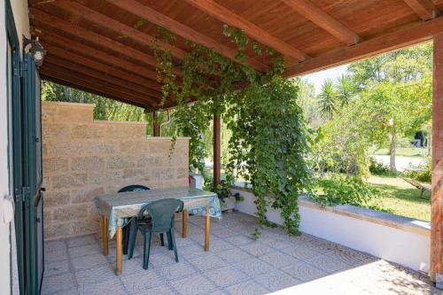 a patio with a table and chairs under a wooden roof at Agriturismo Le Tagliate in Uggiano la Chiesa