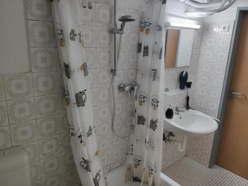 La salle de bains est pourvue d'un rideau de douche et d'un lavabo. dans l'établissement Schöne einfache Ferienwohnung in Oldenburg, à Oldenbourg