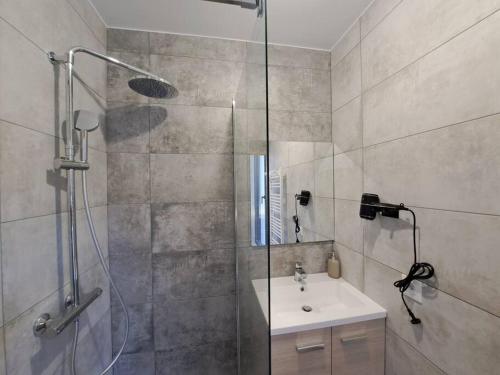 La salle de bains est pourvue d'une douche et d'un lavabo. dans l'établissement Abu Dhabi, magnifique maison, à Reims