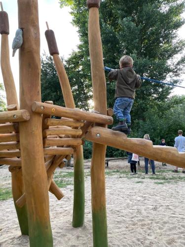 a young boy on a wooden playground swing at Ferienwohnungen im Haus Waldstück in Lärz