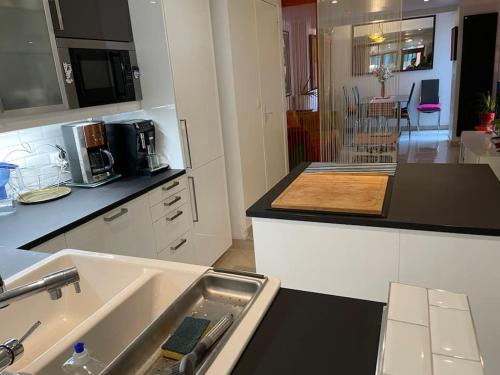 uma cozinha com um lavatório e uma bancada em Appartement de 90m² en souplex em Paris