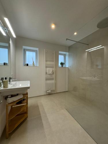 a large bathroom with a sink and a shower at Ferienzauber 1897 in Dornbirn
