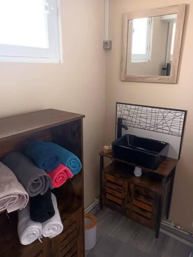 a bathroom with a sink and a mirror at Maison charmante à Cayeux-sur-Mer avec jardin privatif in Cayeux-sur-Mer