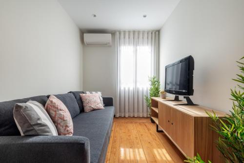 a living room with a couch and a television at Rivoli Apartments in Porto