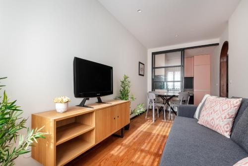 a living room with a couch and a tv on a cabinet at Rivoli Apartments in Porto