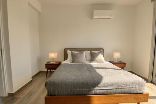een slaapkamer met een groot bed met 2 nachtkastjes bij Phaedrus Living Coral Suites Aura in Larnaka