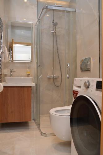 a bathroom with a shower and a toilet and a sink at Unca in Belgrade