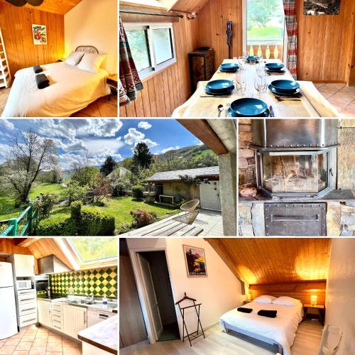 un collage de photos d'une chambre d'hôtel avec un lit et un grill dans l'établissement * Magnifique Chalet entre les pistes et la ville *, à Campan
