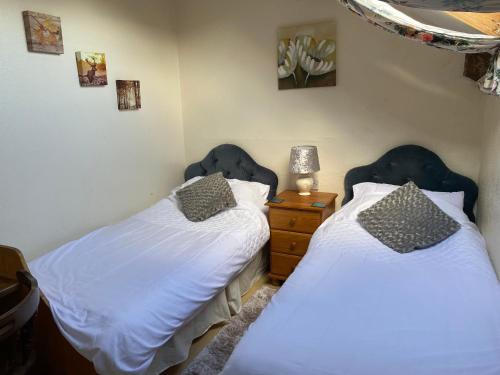 two twin beds in a room with a night stand at Bellfield Country Suites in Masham